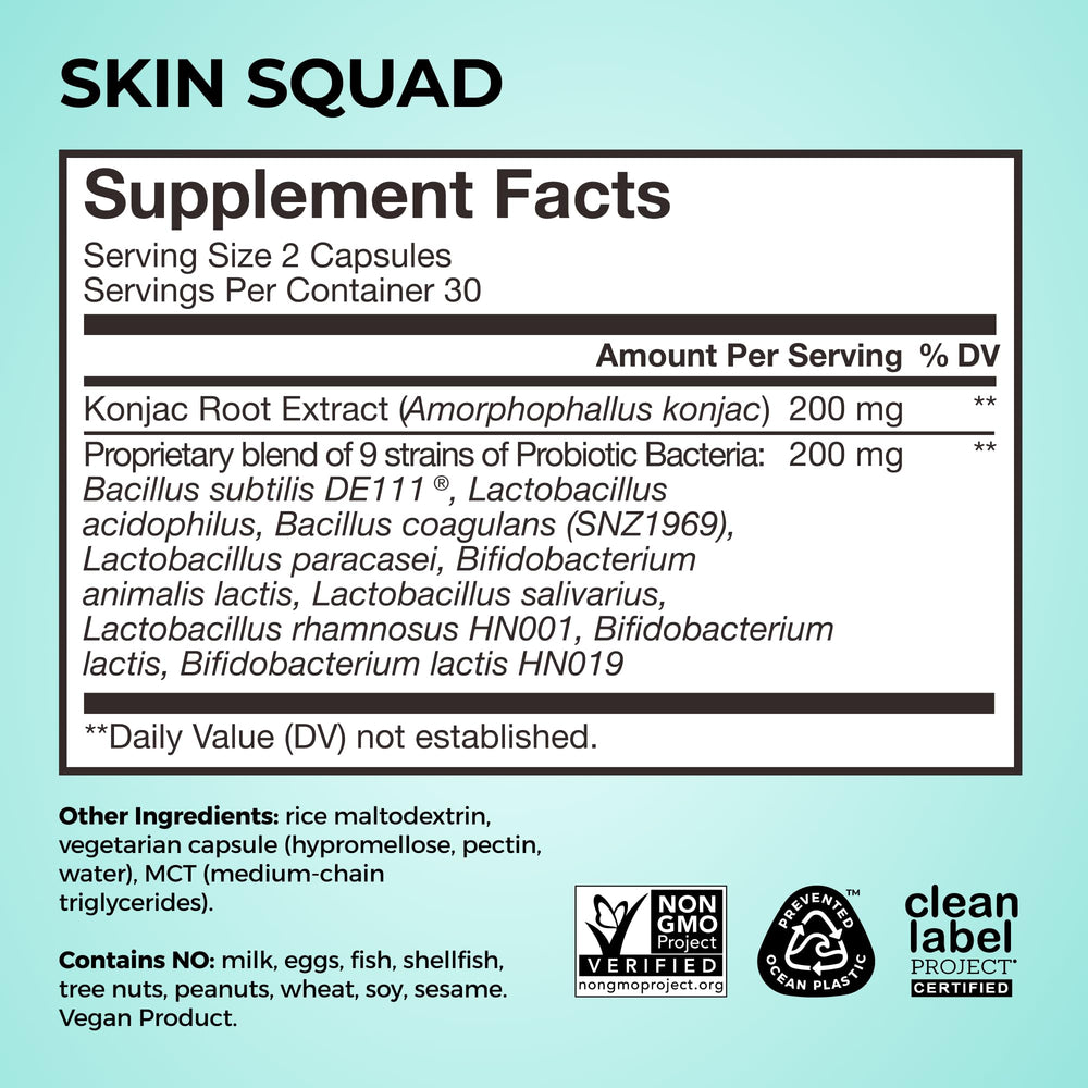 HUM Skin Squad Probiotics: lista de ingredientes que subraya prebióticos y probióticos.