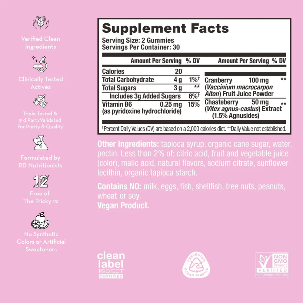 HUM SOS PMS gominolas, etiqueta legible, énfasis en ingredientes naturales