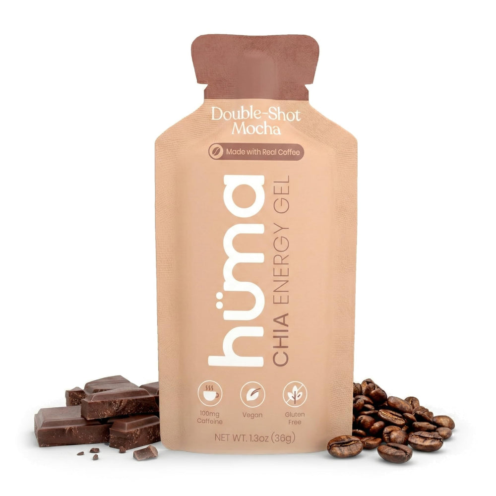 HÜMA CHIA ENERGY GEL pack frontal mostrando 12 sobres, práctico para transporte