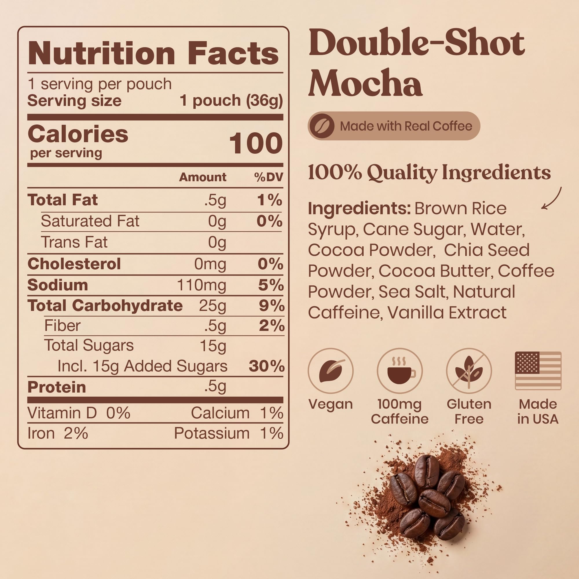 HÜMA CHIA ENERGY GEL sobre abierto de Doubleshot Mocha, diseño fácil de abrir