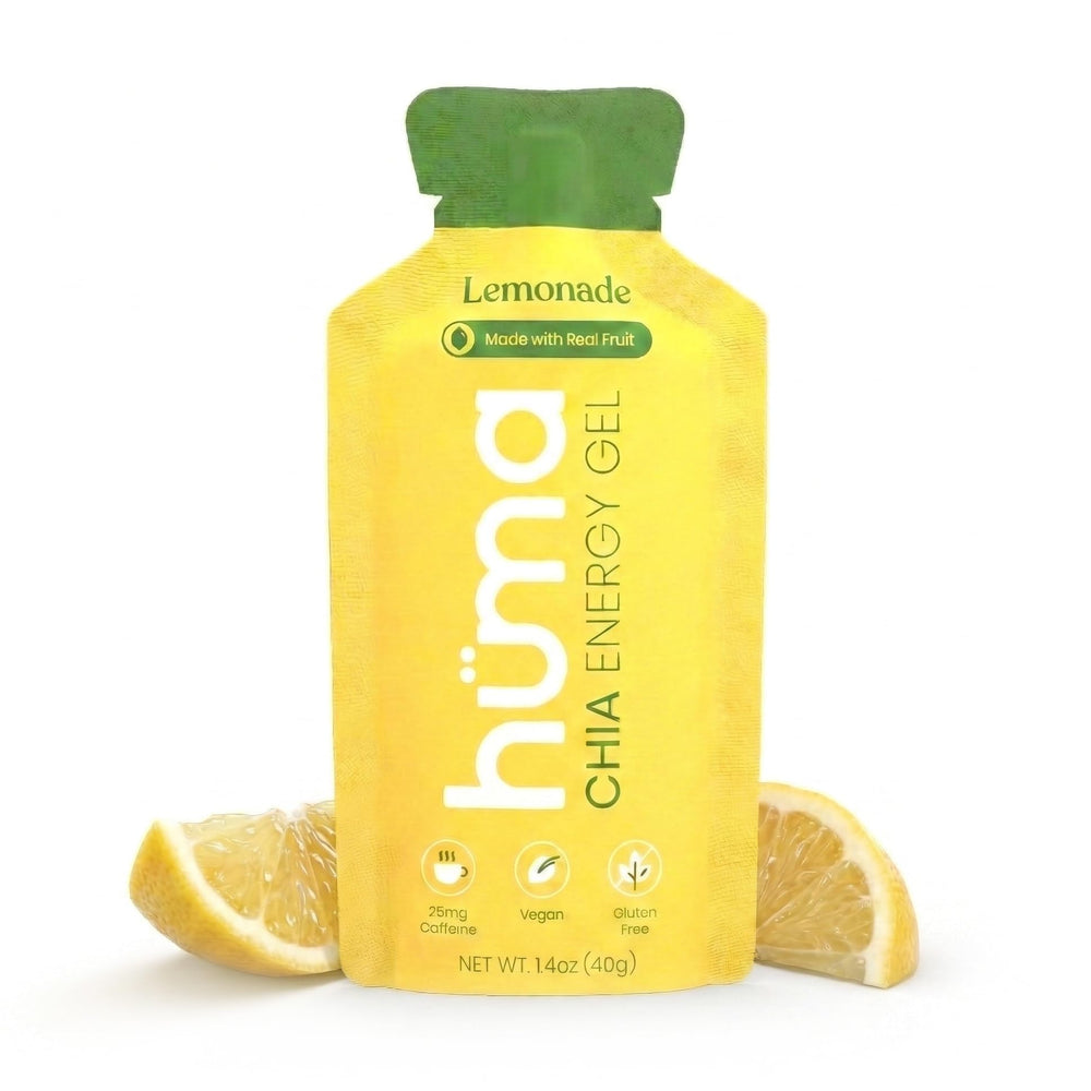 HÜMA CHIA ENERGY GEL frontal del paquete mostrando 12 sobres, conveniente