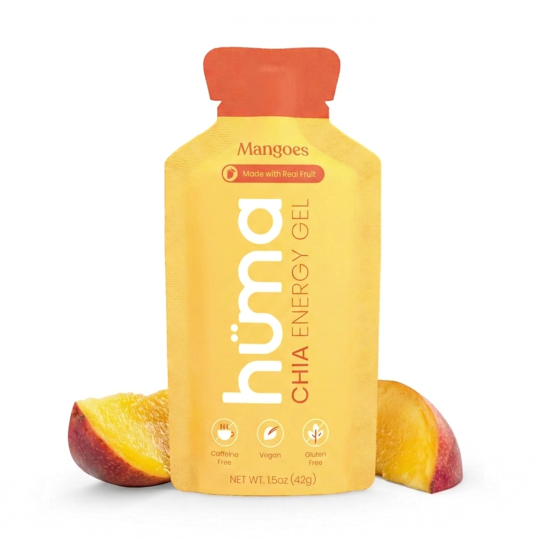 HÜMA CHIA ENERGY GEL frontal del paquete muestra sabor mango y beneficios naturales