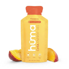 HÜMA CHIA ENERGY GEL frontal del paquete muestra sabor mango y beneficios naturales