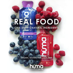 HÜMA CHIA ENERGY GEL primer plano de semillas de chía y aporte de fibra sostenida
