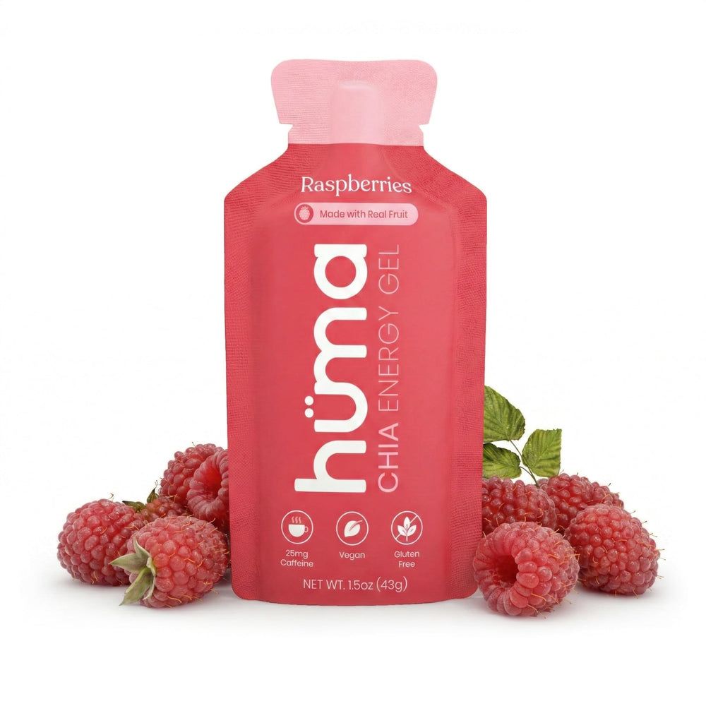 HÜMA CHIA ENERGY GEL frente del empaque mostrando 12 sobres y beneficio natural