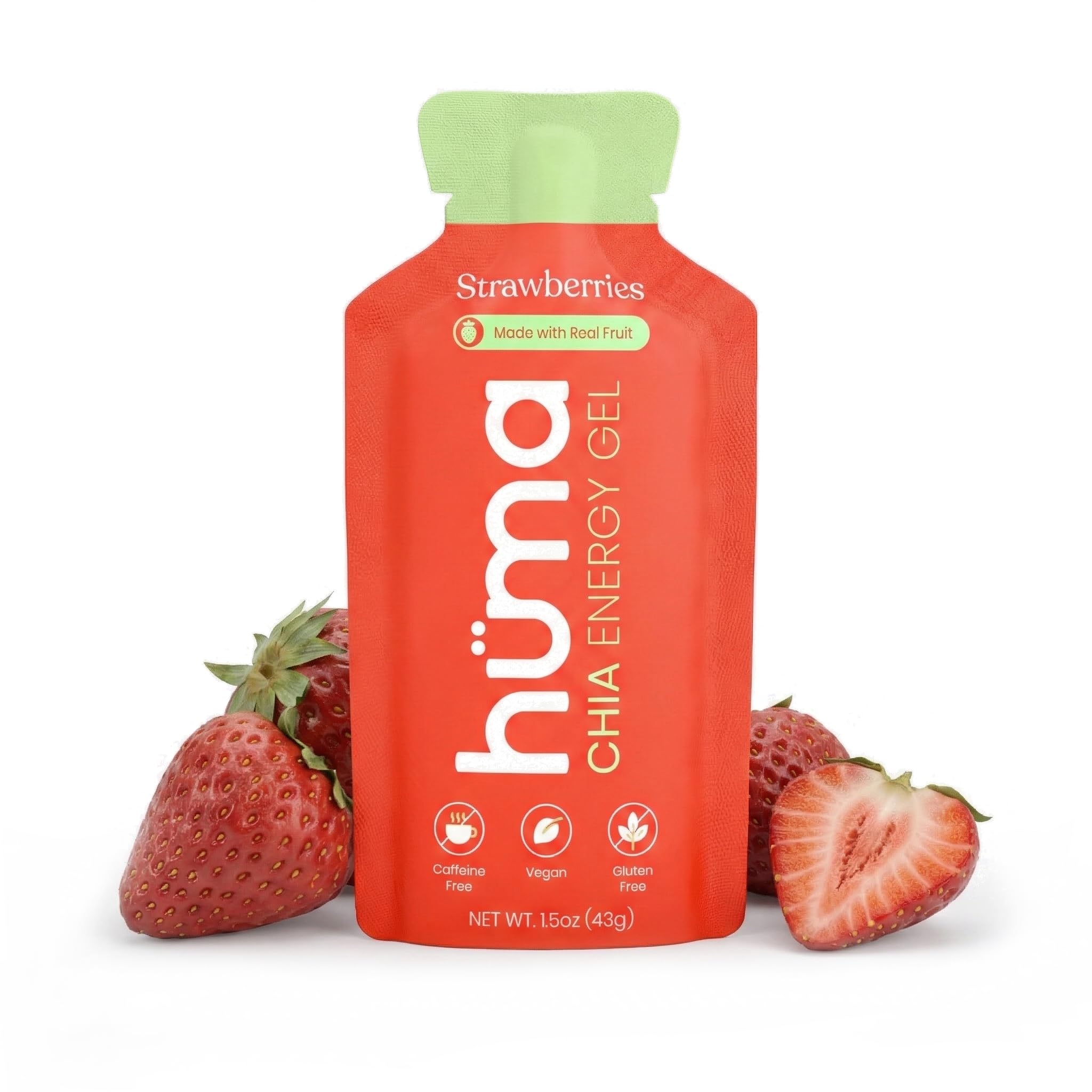 HÜMA CHIA ENERGY GEL frontal del empaque mostrando fresas y beneficio natural