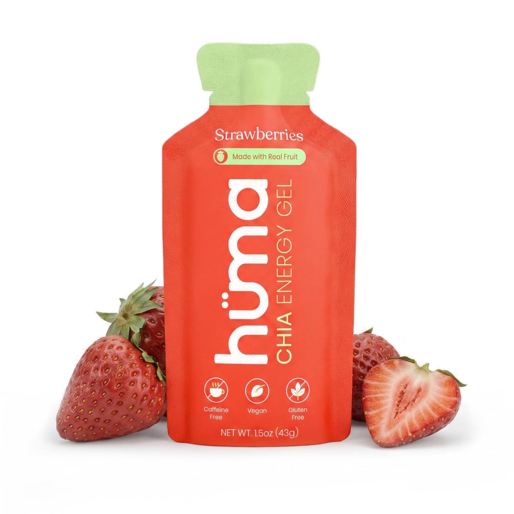 HÜMA CHIA ENERGY GEL frontal del empaque mostrando fresas y beneficio natural