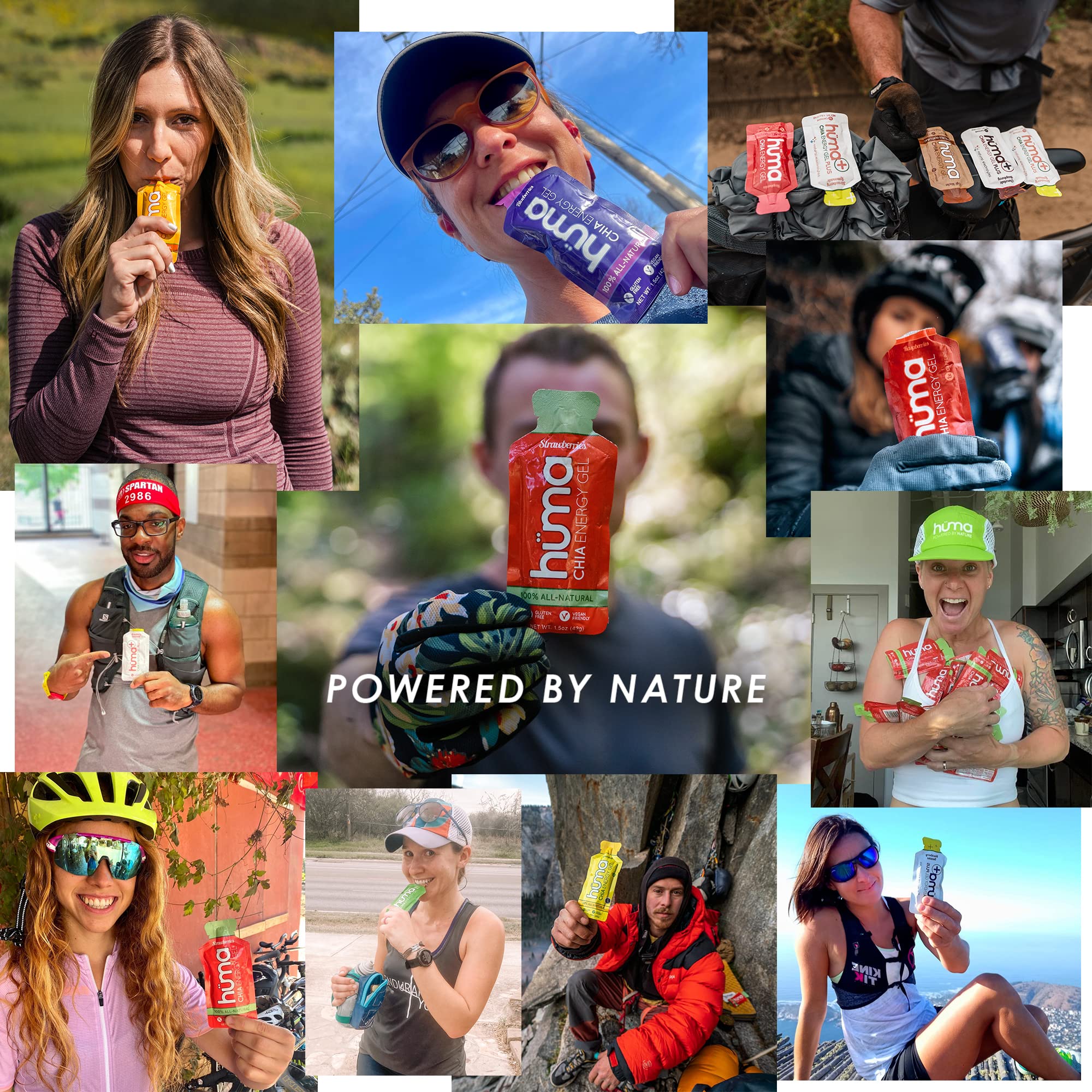 HÜMA CHIA ENERGY GEL comparación de tamaño junto a una botella para referencia visual