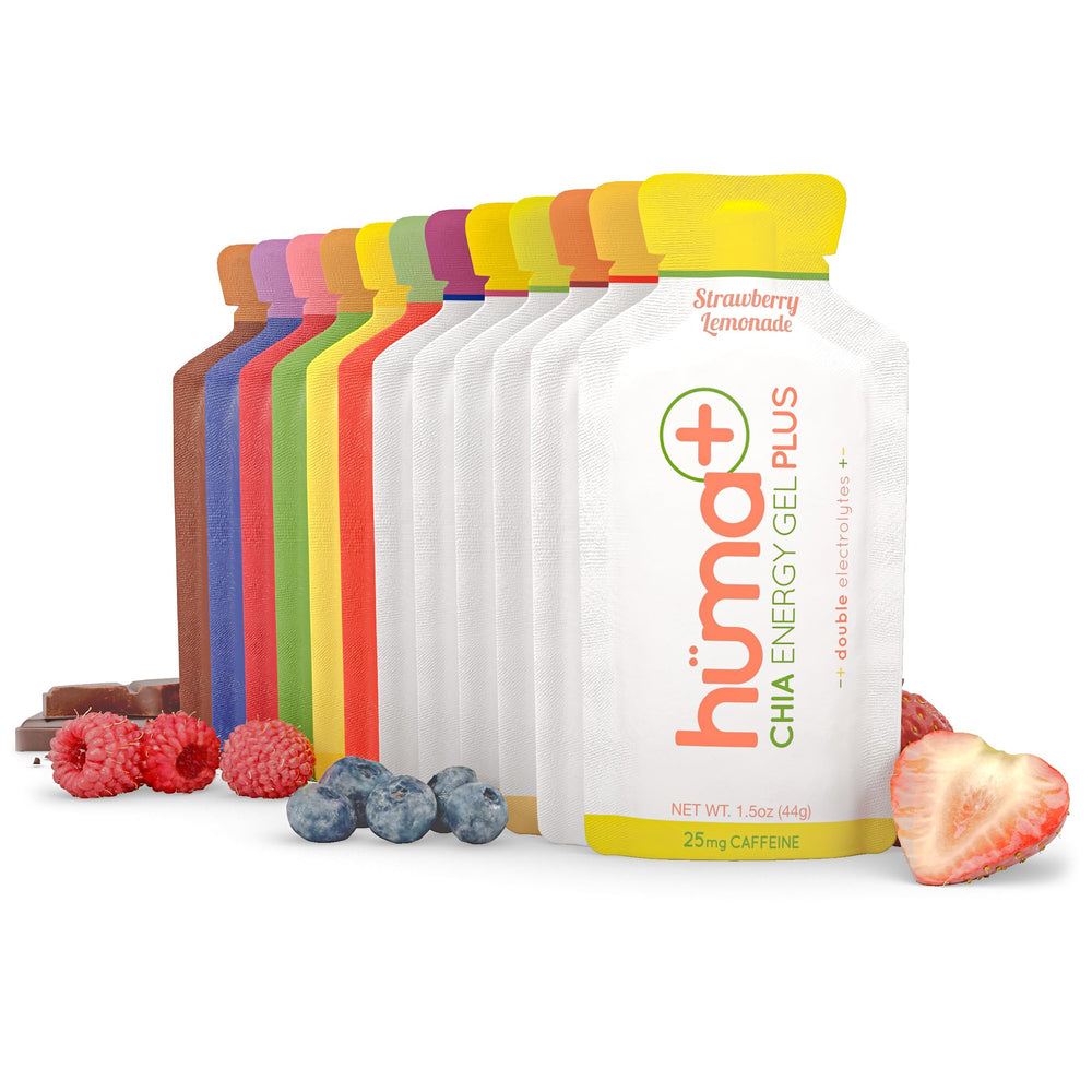HÜMA CHIA ENERGY GEL paquete 12ct frente, variedad de sabores para elegir