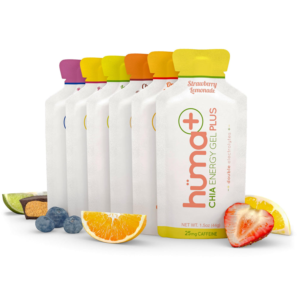 HÜMA CHIA ENERGY GEL frontal del pack mostrando variedad y beneficios energéticos