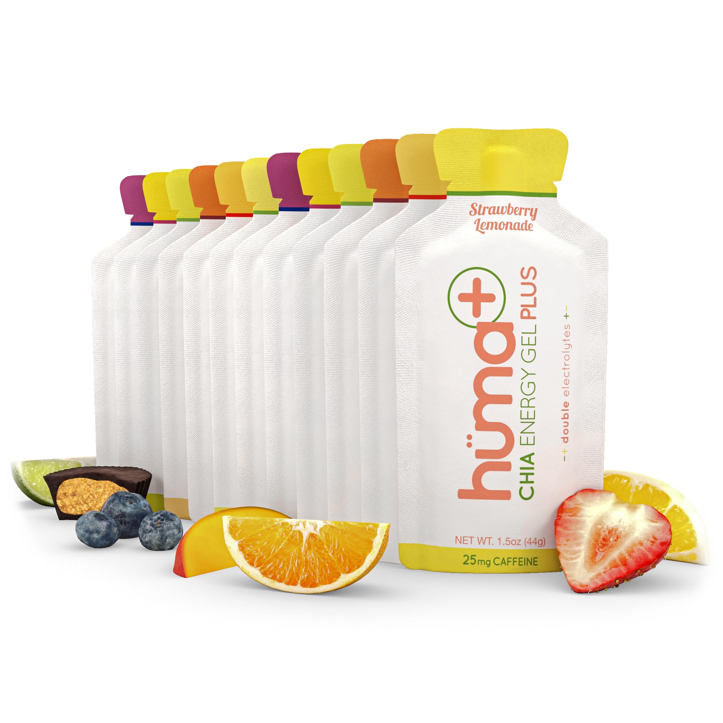 HÜMA CHIA ENERGY GEL paquete frontal con variedad de 24 geles mostrando presentación