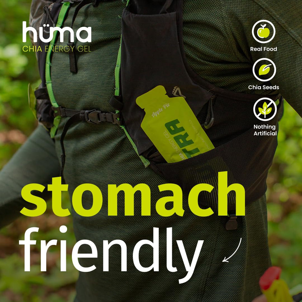 HÜMA CHIA ENERGY GEL mano sosteniendo sobre para comparar tamaño y portabilidad