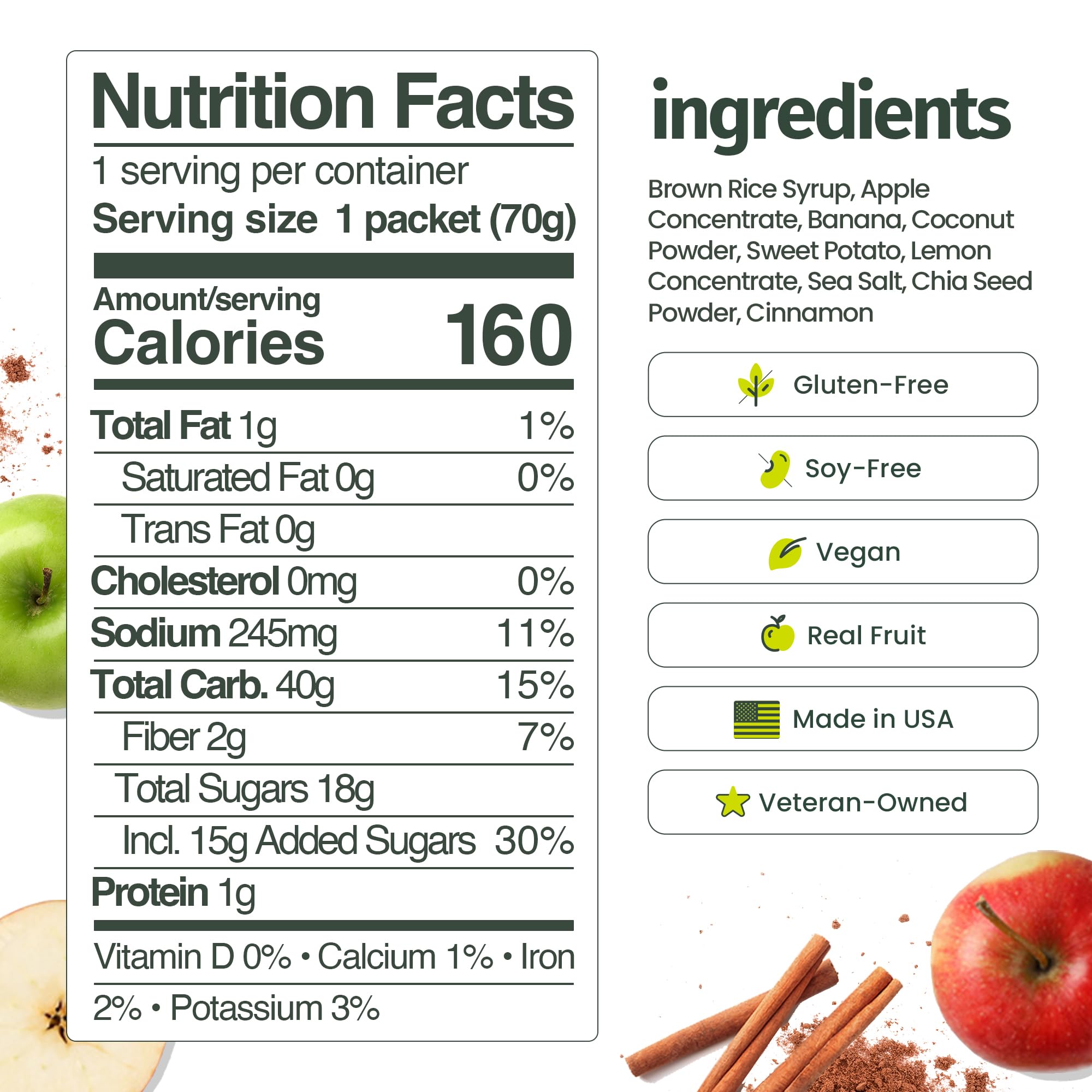 HÜMA CHIA ENERGY GEL ingredientes reales: manzana, plátano y batata visibles