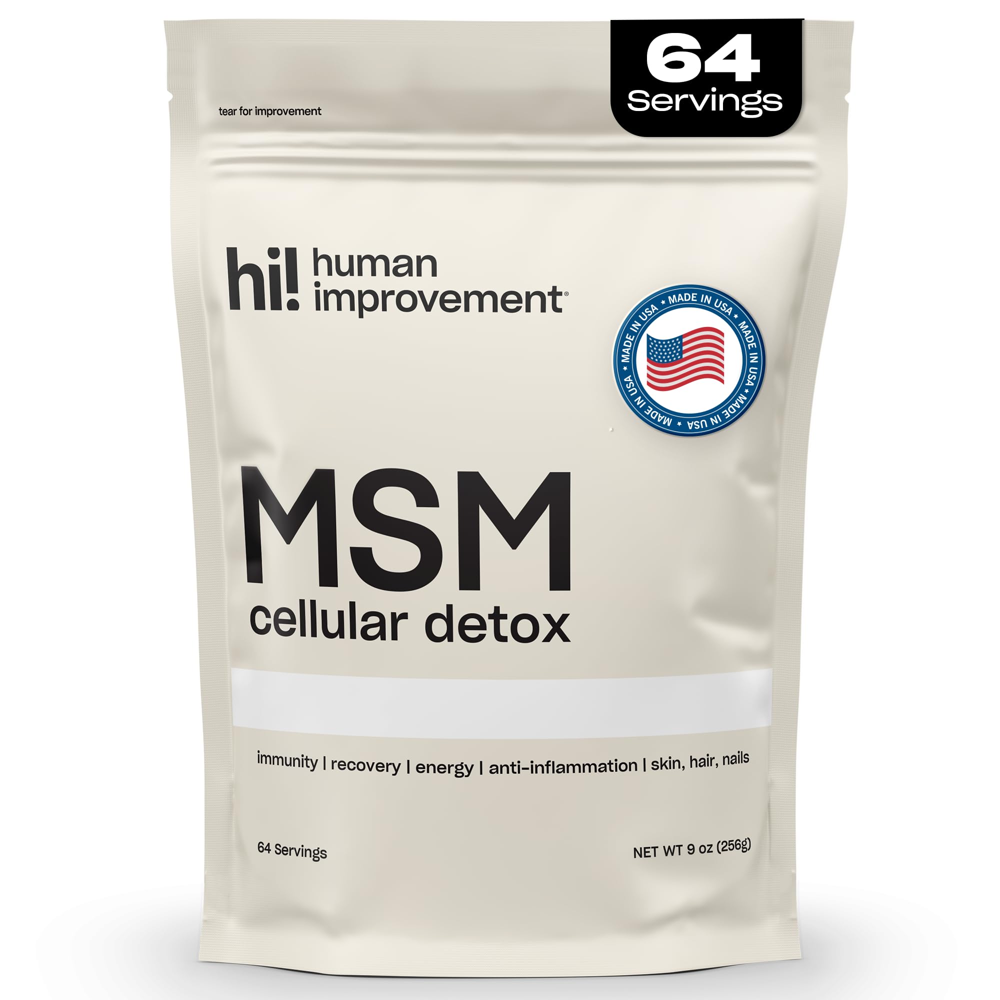 Human Improvement envase frontal mostrando pureza y cantidad, confianza y calidad