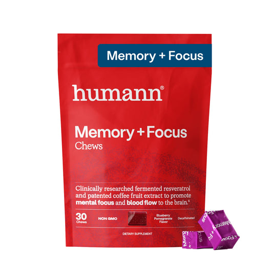 HumanN envase frontal Memory and Focus Chews mostrando producto y sabor