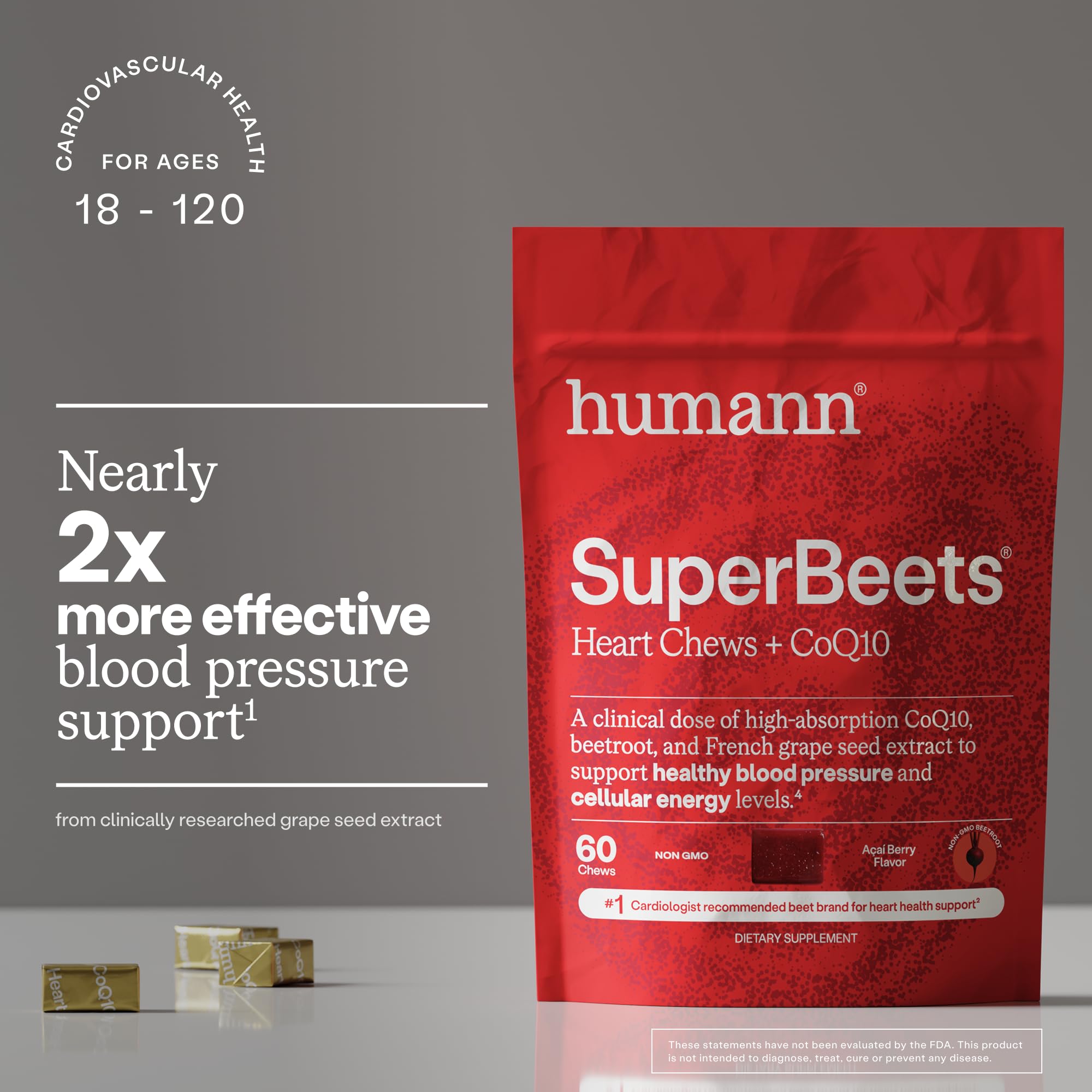 Frasco abierto de HumanN SuperBeets con 120 masticables visibles