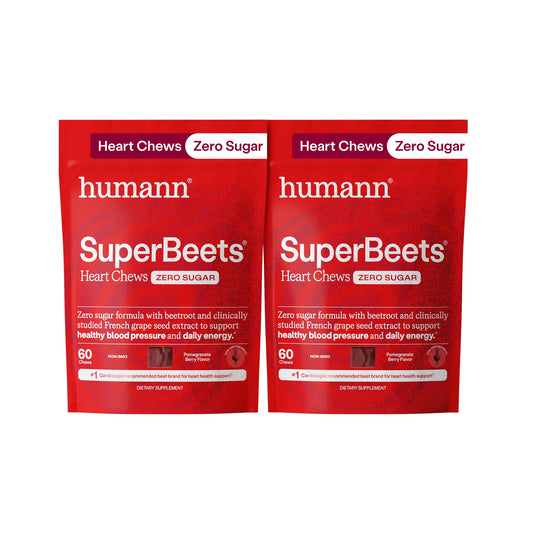 HumanN SuperBeets frente del empaque mostrando 120 gomitas, práctico para llevar