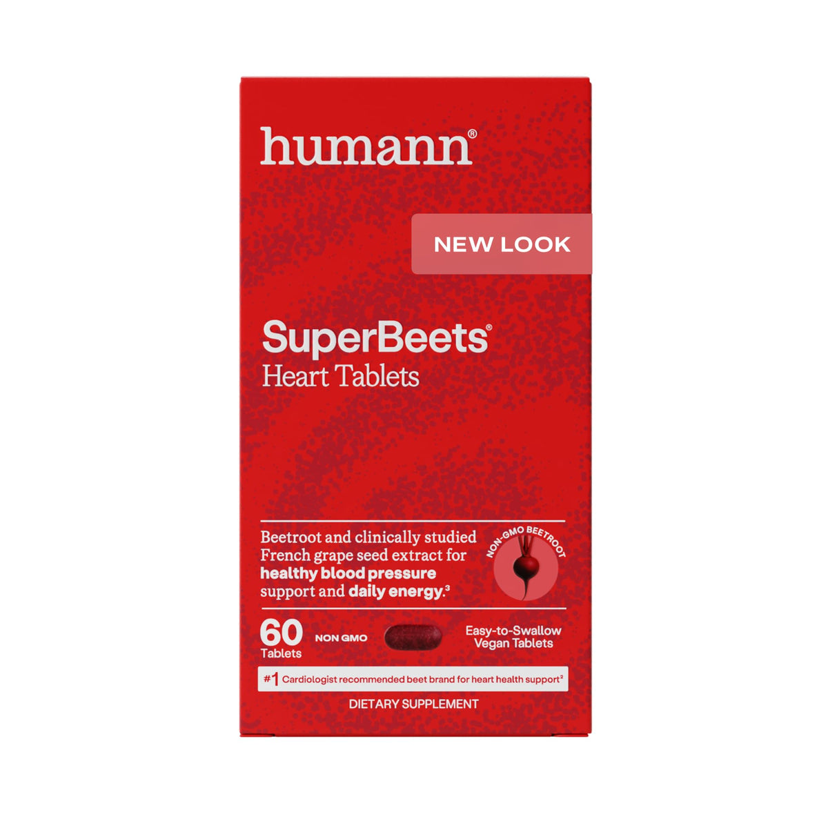 HumanN frasco SuperBeets Heart Tablets vista frontal con etiqueta clara y beneficios visibles