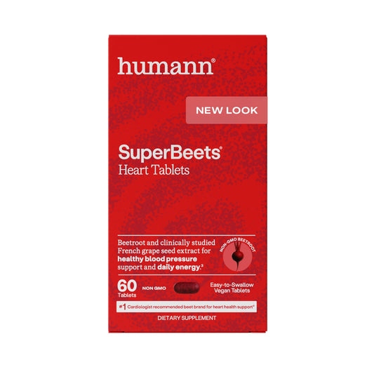 HumanN frasco SuperBeets Heart Tablets vista frontal con etiqueta clara y beneficios visibles