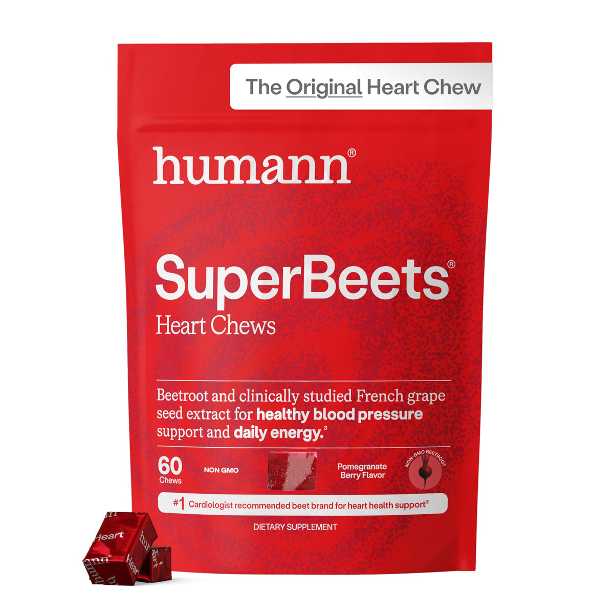 HumanN envase frontal de SuperBeets Heart Chews mostrando marca y beneficio circulatorio