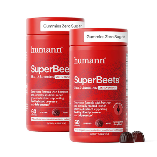 HumanN frasco frontal de SuperBeets Heart Gummies mostrando etiqueta clara y beneficios