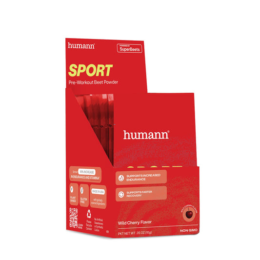 HumanN SuperBeets Sport envase frontal mostrando diseño y sobres — conveniencia para el entrenamiento