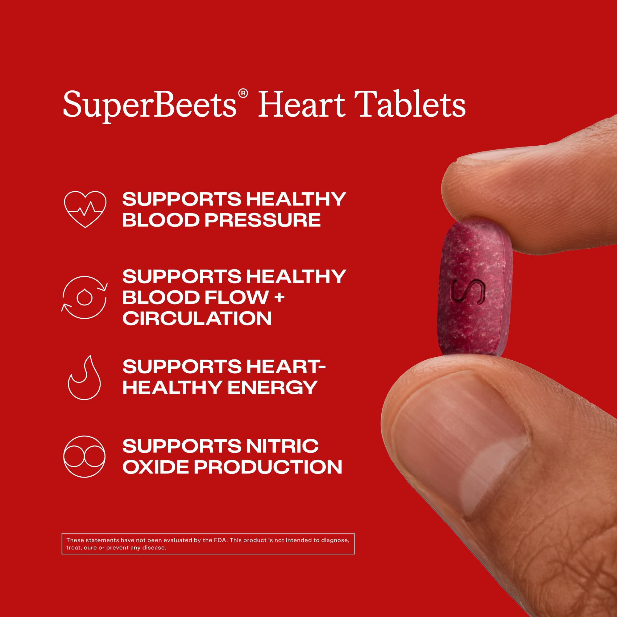 HumanN tableta SuperBeets tamaño comparado en palma, facilita la percepción de la dosis