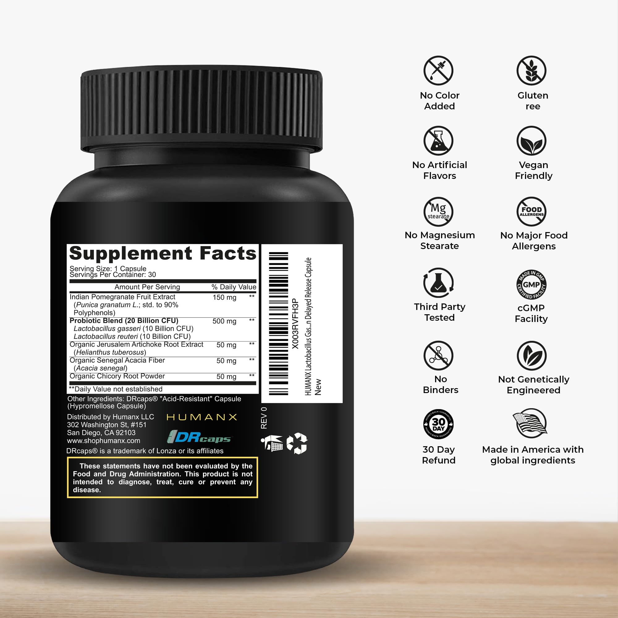 HUMANX cápsula en primer plano, detalle de la superficie resistente al ácido
