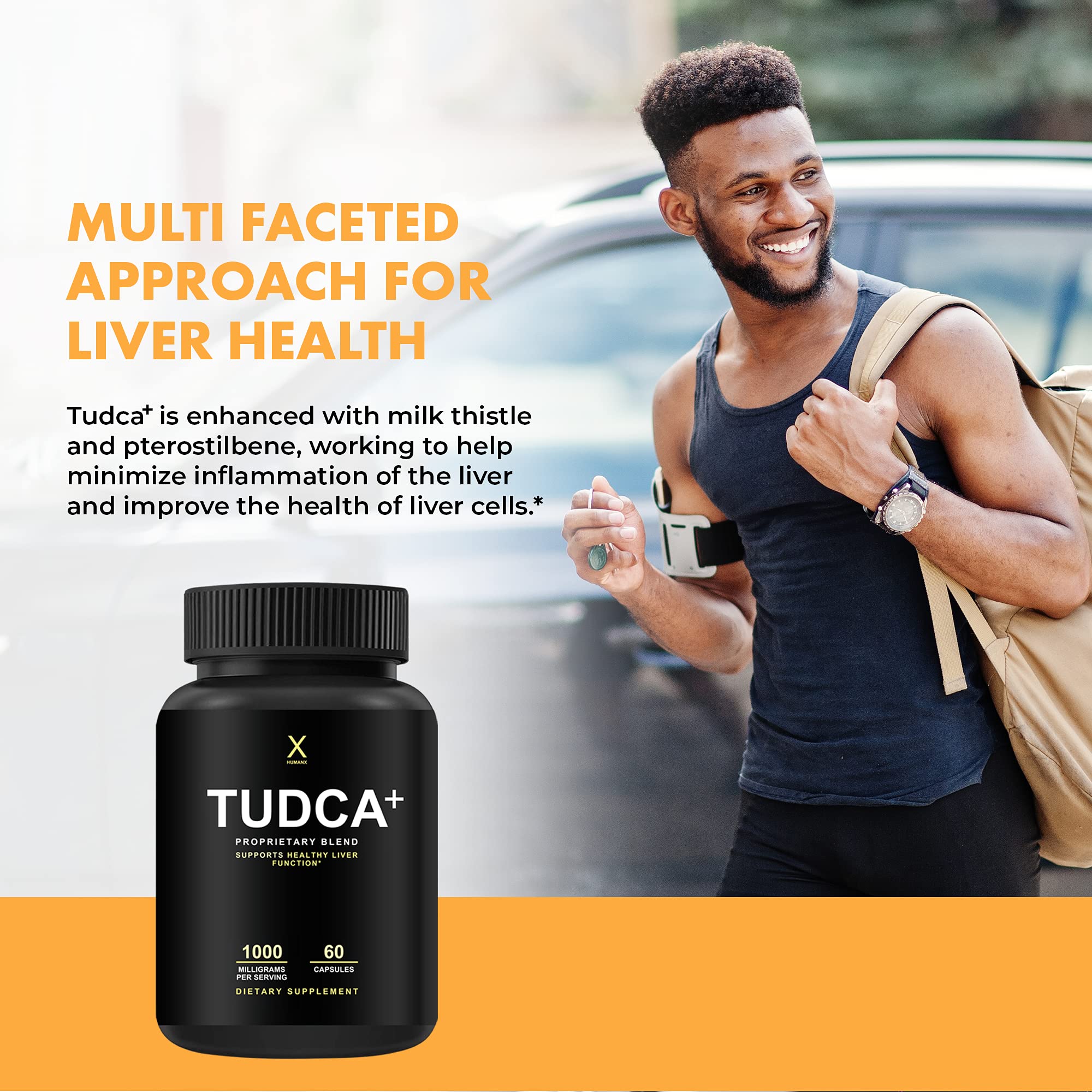 HUMANX TUDCA+ ingredientes cardo mariano y pterostilbeno resaltando apoyo antioxidante
