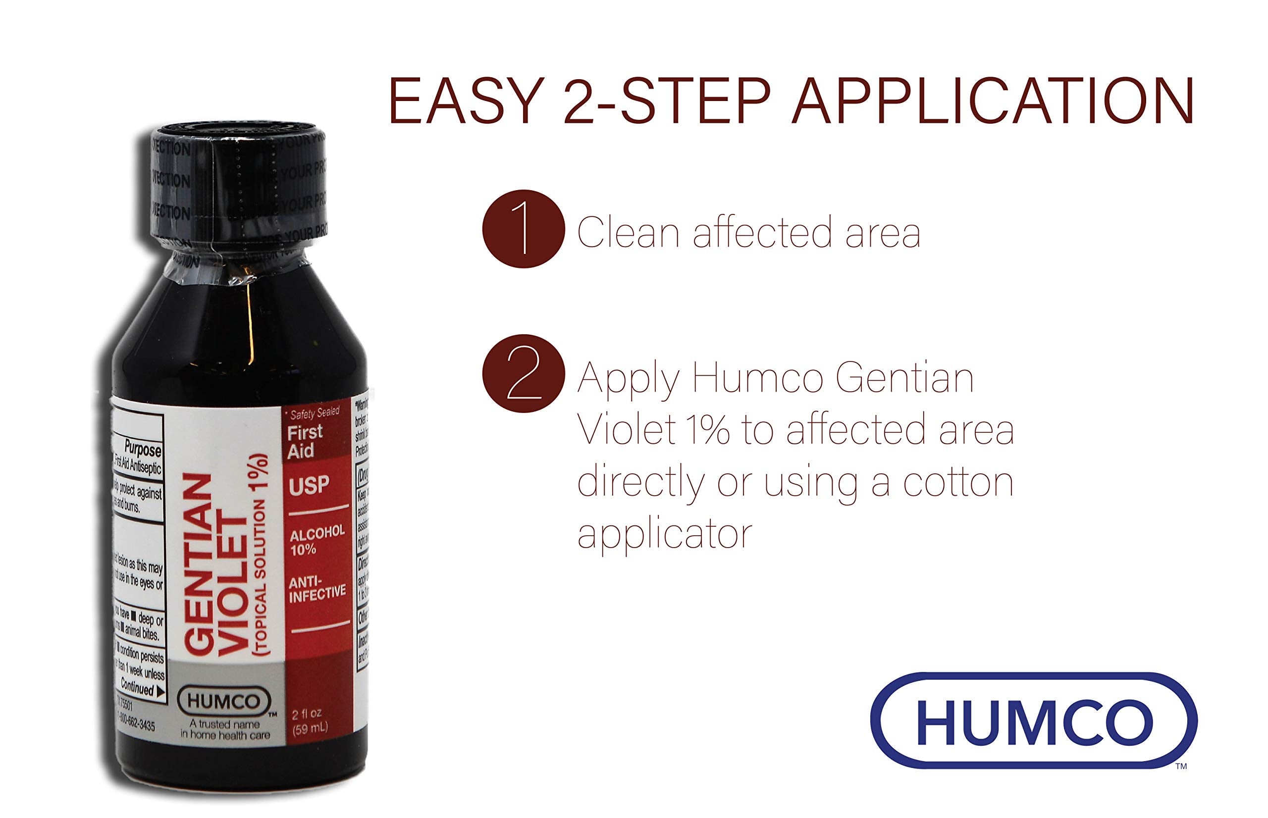 Detalle de etiqueta Humco Gentian Violet mostrando concentración y origen USA