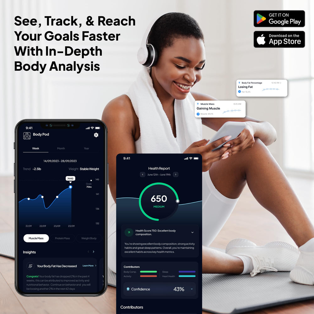 Hume Health app sincronizada con Body Pod mostrando métricas y tendencias