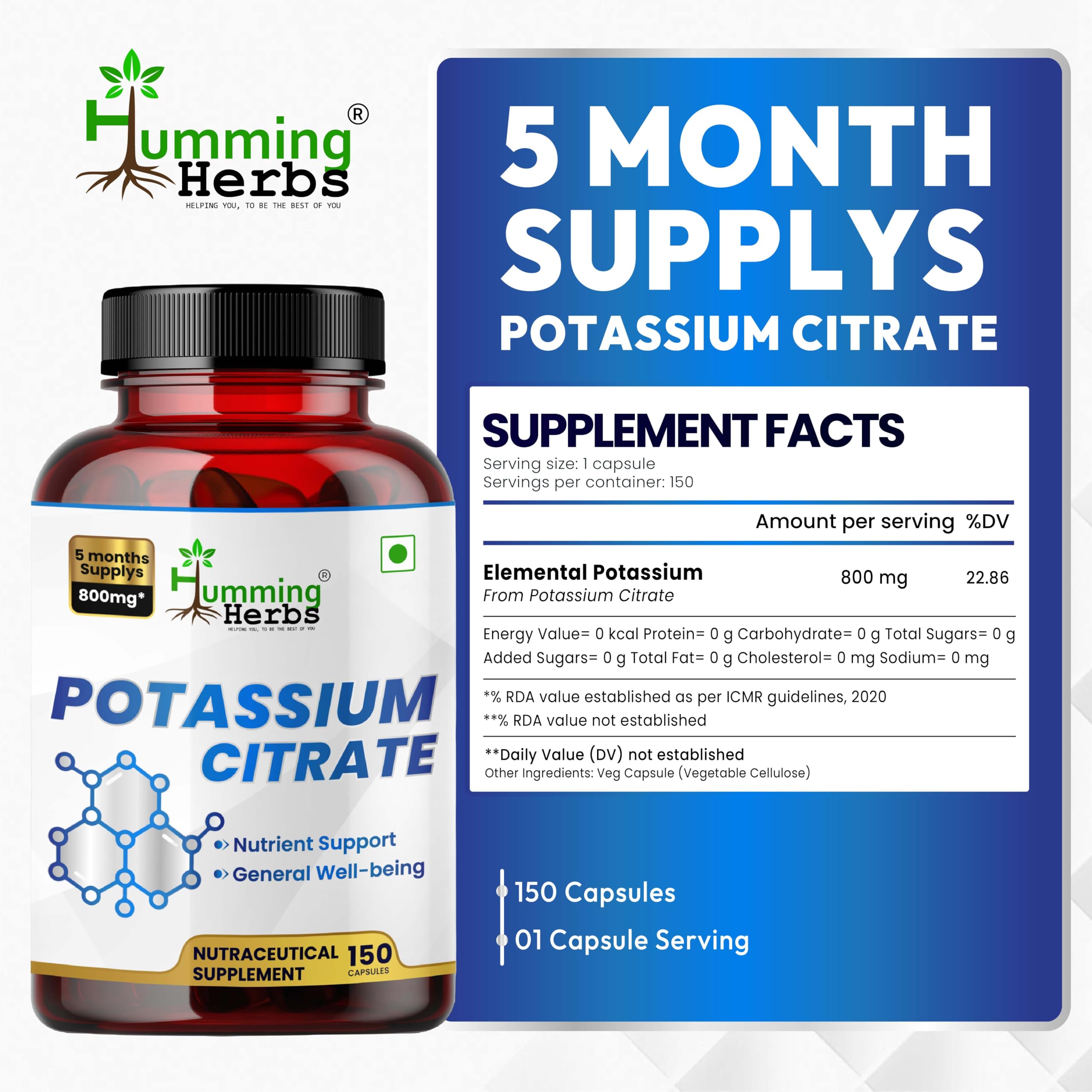 Humming Herbs detalle de tabla nutricional con potasio elemental claro