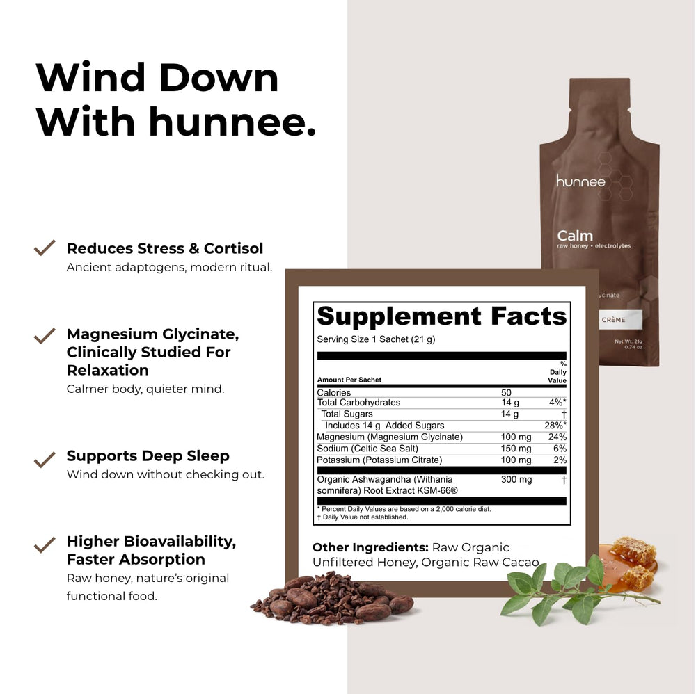 Hunnee H detalle de ingredientes: miel cruda, cacao y magnesio glicinato
