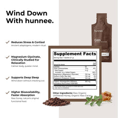 Hunnee H detalle de ingredientes: miel cruda, cacao y magnesio glicinato