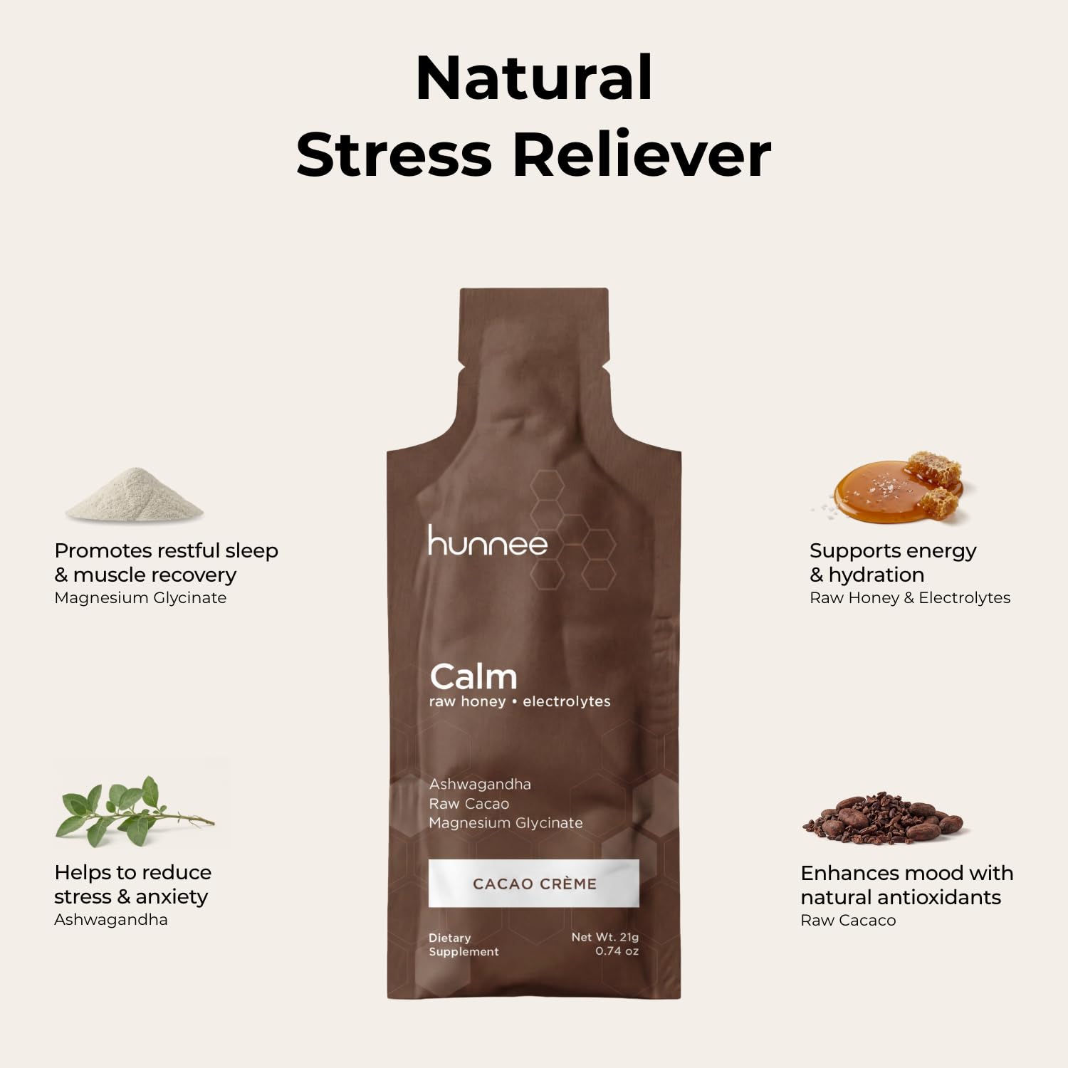 Hunnee H sachet abierto con textura de miel y cacao, energía sostenida