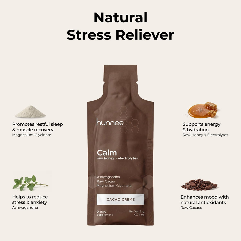 Hunnee H sachet abierto con textura de miel y cacao, energía sostenida