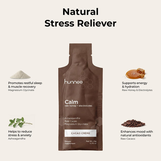 Hunnee H sachet abierto con textura de miel y cacao, energía sostenida