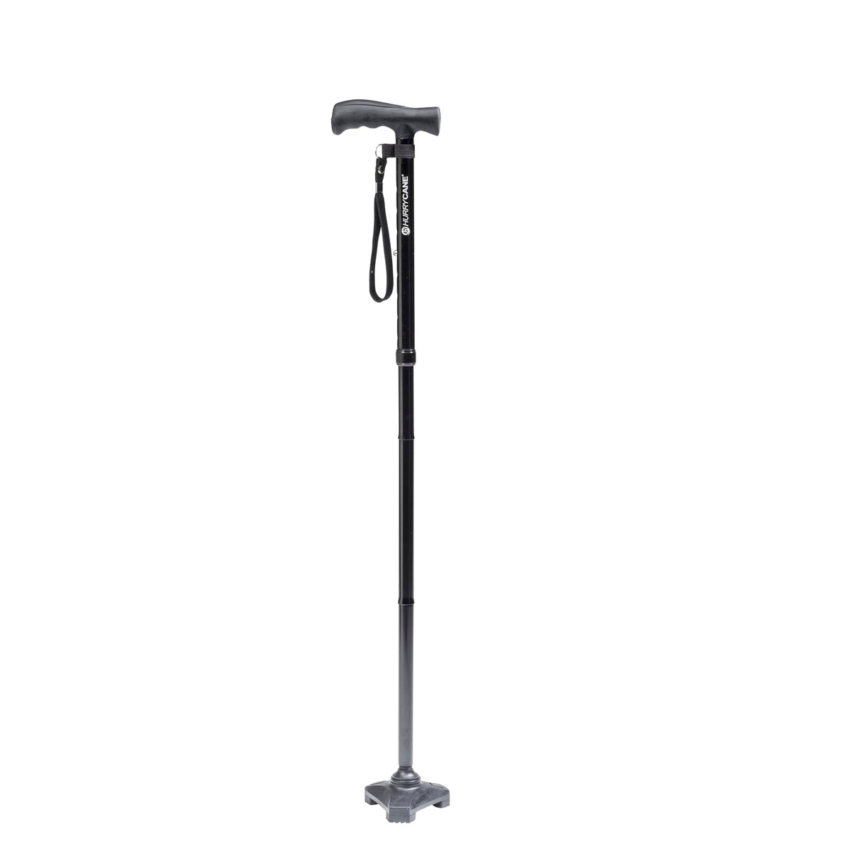 HurryCane vista frontal del bastón plegable mostrando estabilidad y diseño portátil