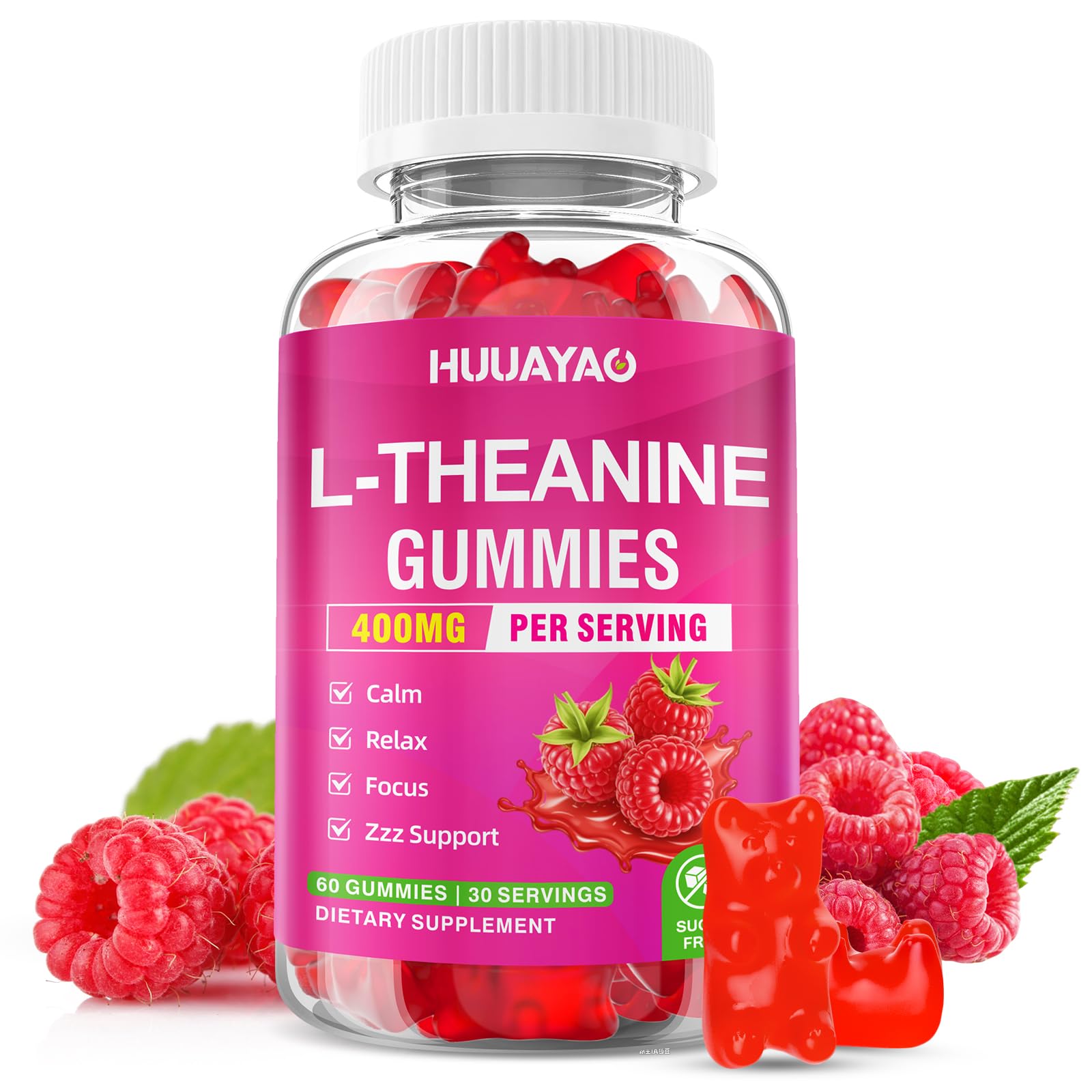 HUUAYAO frente del envase mostrando 60 gomitas y beneficios de calma