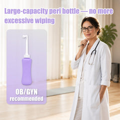 HVLVOYG peri bottle sostenido en mano para mostrar textura antideslizante