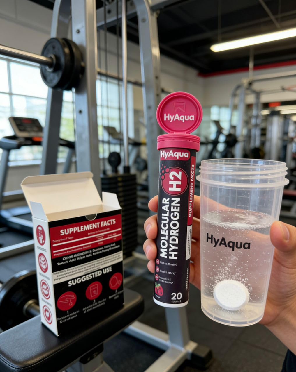HyAqua tableta junto a una botella estándar para comparar tamaño y cantidad por dosis