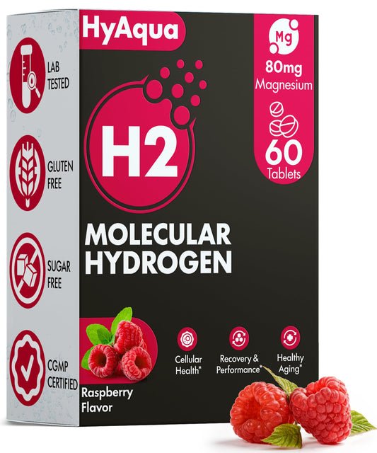 HyAqua frente del envase mostrando 60 tabletas y sabor frambuesa, práctico para viaje