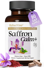 HyberVive envase frontal de Saffron Ashwagandha y L-Theanine mostrando dosis y beneficios