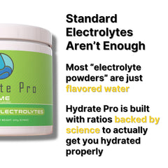 Hydrate Pro comparativa de tamaño que muestra una cucharada por servicio y la cantidad de envase