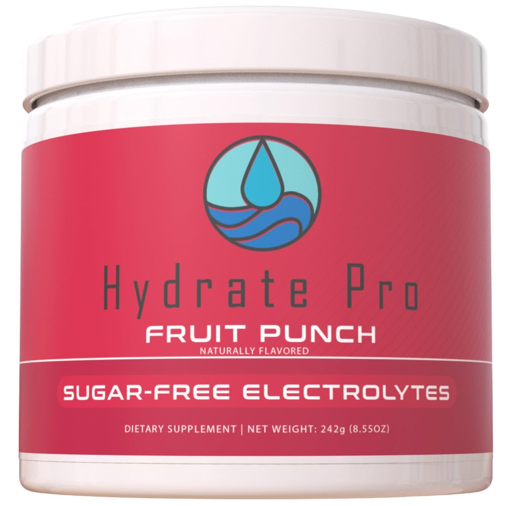 Hydrate Pro frasco frontal con sabor Fruit Punch mostrando el envase