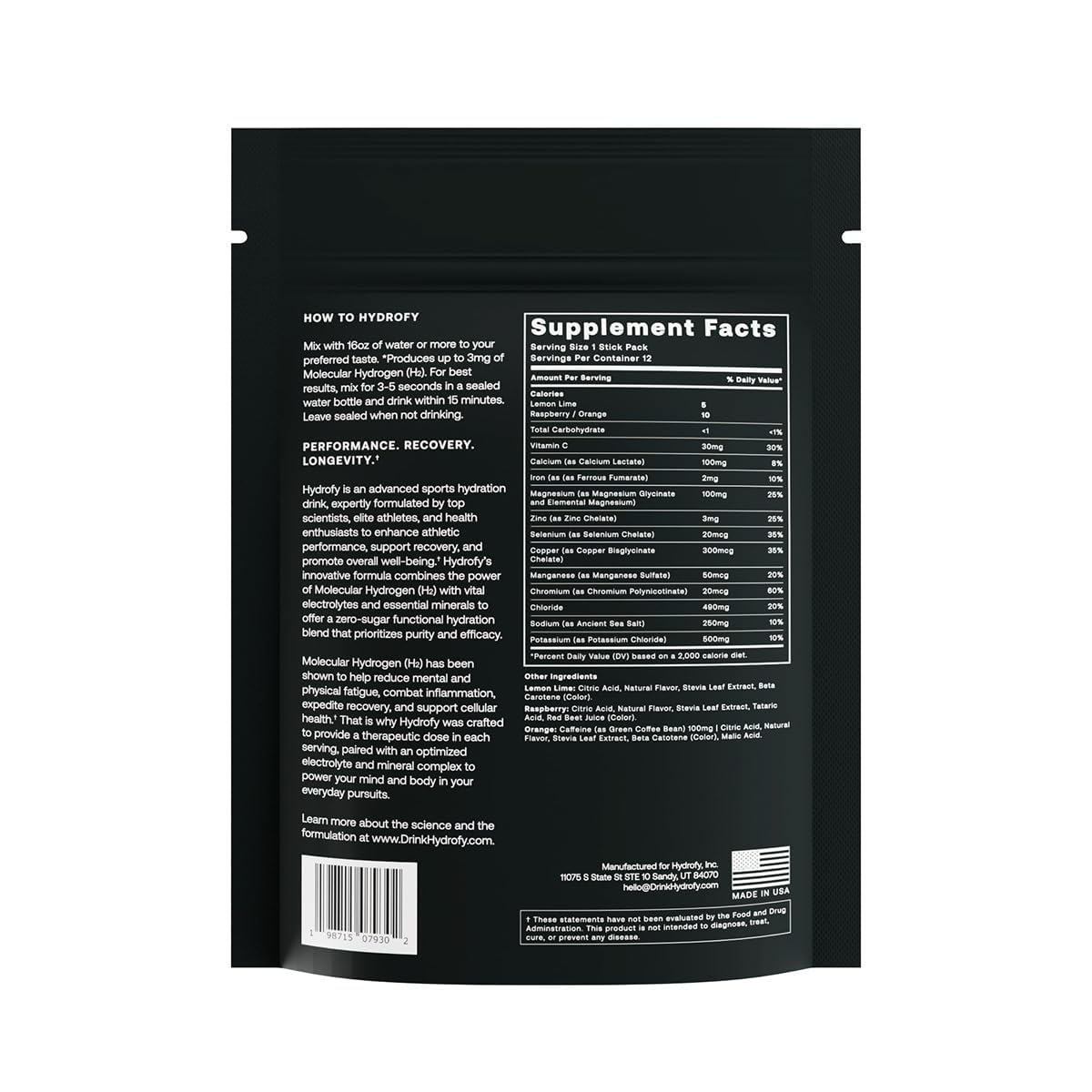 Hydrofy etiqueta de ingredientes y electrolitos para transparencia