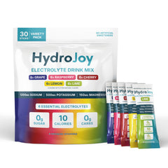 HydroJoy empaquetado frontal mostrando 30 sobres para transporte fácil y uso rápido