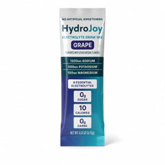 Tres sobres HydroJoy sobre mesa mostrando porciones individuales para llevar