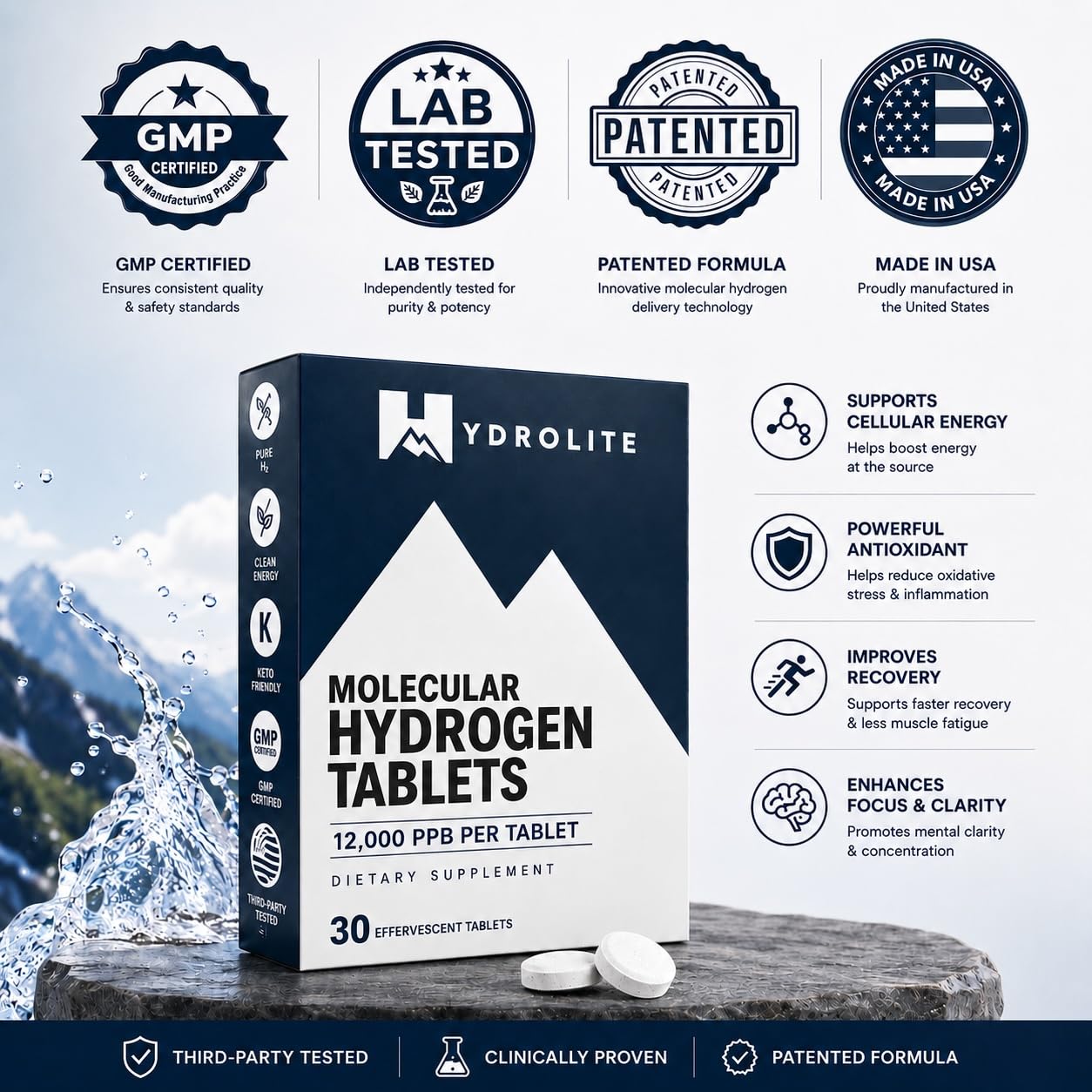 HydroLite primer plano de tabletas para transporte fácil y dosificación precisa