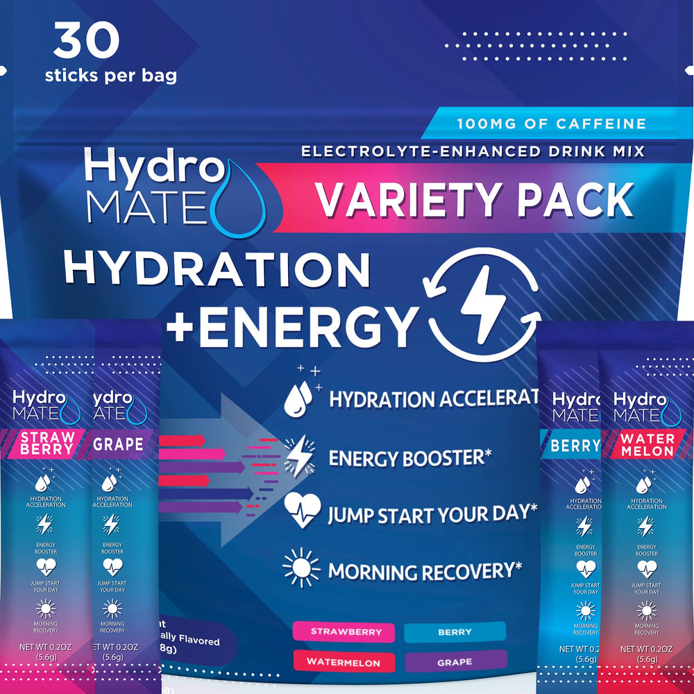 HydroMATE frente del empaque mostrando 30 sobres y beneficios claros